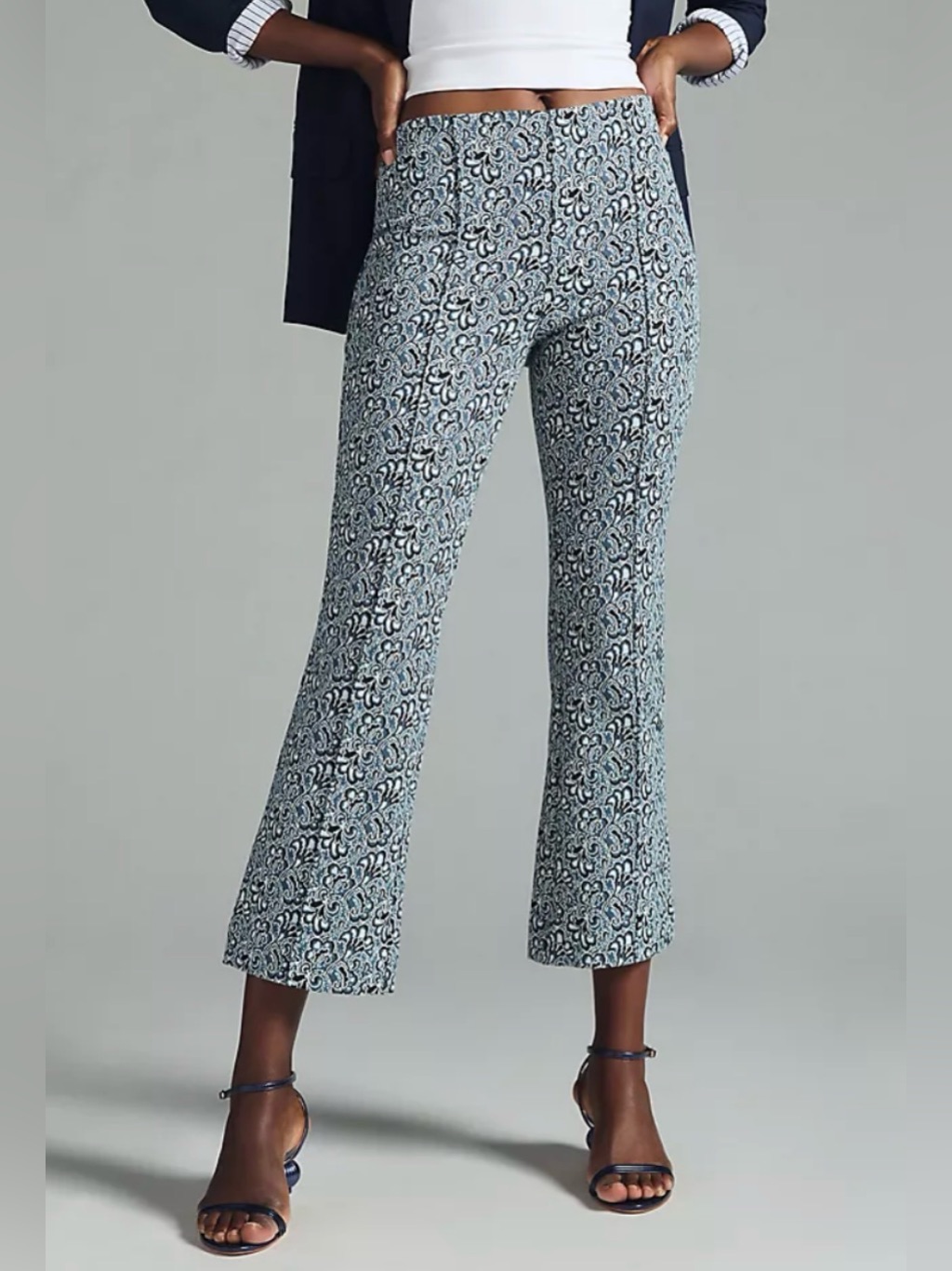 Maeve Anthropologie The Margot Kick-Flare Cropped Pants Xs Petite Blue Jacquard